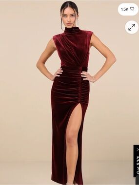 Lulu's Burgundy Velvet High-Neck Ruched Gown with Thigh Slit